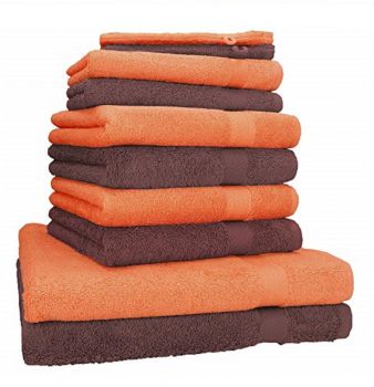 Betz 10-tlg. Handtuch-Set PREMIUM 100%Baumwolle 2 Duschtücher 4 Handtücher 2 Gästetücher 2 Waschhandschuhe Farbe Orange Terra & Nuss Braun