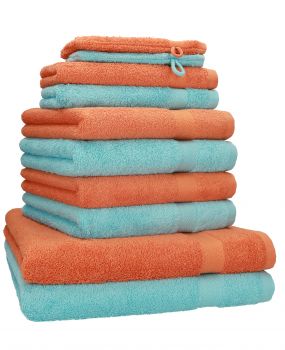 Betz 10-tlg. Handtuch-Set PREMIUM 100%Baumwolle 2 Duschtücher 4 Handtücher 2 Gästetücher 2 Waschhandschuhe Farbe Orange Terra & Türkis