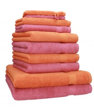 Betz Set di 10 asciugamani Premium 2 asciugamani da doccia 4 asciugamani 2 asciugamani per ospiti 2 guanti da bagno 100% cotone colore arancione e rosa antico