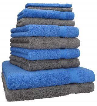 Betz Juego de 10 toallas PREMIUM 100% algodón en azul claro y gris antracita