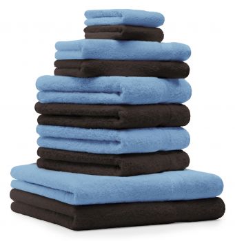 Betz Set di 10 asciugamani Premium 2 asciugamani da doccia 4 asciugamani 2 asciugamani per ospiti 2 guanti da bagno 100% cotone colore azzurro e marrone scuro