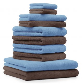 Betz 10-tlg. Handtuch-Set PREMIUM 100%Baumwolle 2 Duschtücher 4 Handtücher 2 Gästetücher 2 Waschhandschuhe Farbe Hell Blau & Nuss Braun