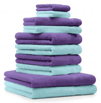 Betz Set di 10 asciugamani Premium 2 asciugamani da doccia 4 asciugamani 2 asciugamani per ospiti 2 guanti da bagno 100% cotone colore lilla e turchese