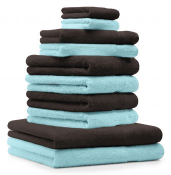 Betz Set di 10 asciugamani Premium 2 asciugamani da doccia 4 asciugamani 2 asciugamani per ospiti 2 guanti da bagno 100% cotone colore marrone scuro e turchese