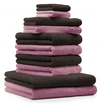 Betz Juego de 10 toallas PREMIUM 100% algodón en marrón oscuro y rosa