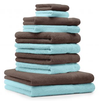 Betz Juego de 10 toallas PREMIUM 100% algodón en marrón nuez y turquesa