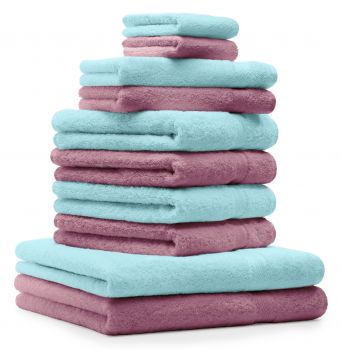 10 Piece Towel Set "Premium" turquoise & old rose, quality 470g/m², 2 bath towel 70 x 140 cm, 4 hand towels 100 x 50 cm, 2 guest towel 30 x 50 cm, 2 wash mitt 16 x 21 cm by Betz