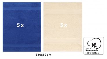 Set di 10 asciugamani per ospiti PREMIUM, colore: blu reale e beige, misura:  30 x 50 cm