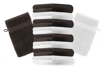 Betz Lot de 10 gants de toilette Premium, couleur blanc et marron foncé, taille: 16x21 cm de Betz