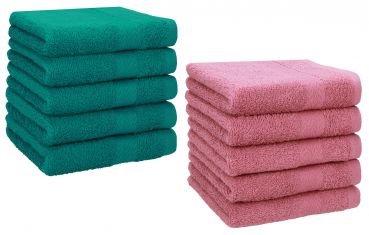 Betz 10 Piece Towel Set PREMIUM 100% Cotton 10 Face Cloths Colour: emerald green & old rose