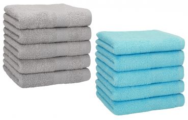 Betz 10 Piece Towel Set PREMIUM 100% Cotton 10 Face Cloths Colour: silver grey & turquoise