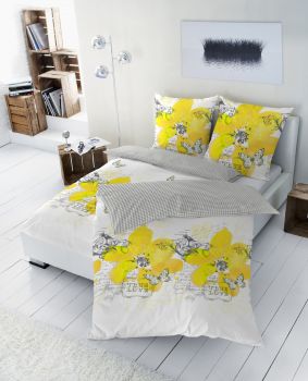Betz 2 Piece Bed-Linen Set Renforce Reversible Bed-Linen "Flowers & Checkered" Colour: yellow & grey Size: 155 x 220 cm