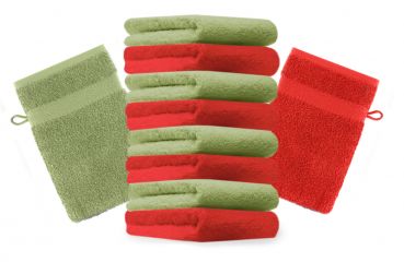 Betz Set di 10 guanti da bagno Premium misure 16 x 21 cm 100% cotone rosso e verde mela