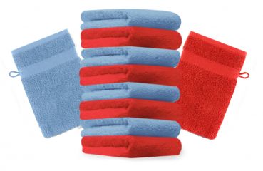 Betz Set di 10 guanti da bagno Premium misure 16 x 21 cm 100% cotone rosso e azzurro