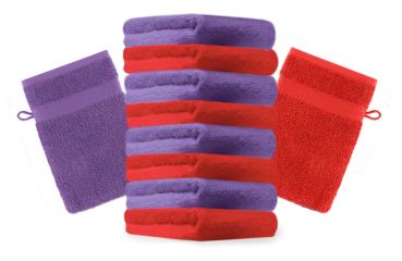 Betz Set di 10 guanti da bagno Premium misure 16 x 21 cm 100% cotone rosso e lilla