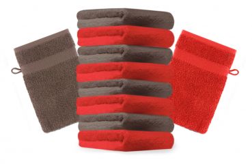 Betz Set di 10 guanti da bagno Premium misure 16 x 21 cm 100% cotone rosso e marrone noce