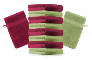 Betz Set di 10 guanti da bagno Premium misure 16 x 21 cm 100% cotone rosso scuro e verde mela