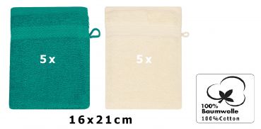 Betz Set di 10 guanti da bagno Premium misure 16 x 21 cm 100% cotone verde smeraldo e beige