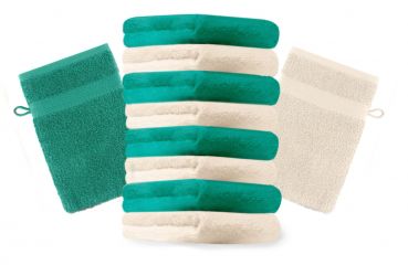 Betz 10 Stück Waschhandschuhe PREMIUM 100% Baumwolle Waschlappen Set 16x21 cm Farbe smaragdgrün und beige