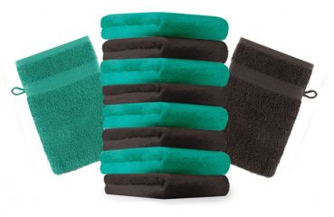 Betz 10 Stück Waschhandschuhe PREMIUM 100% Baumwolle Waschlappen Set 16x21 cm Farbe smaragdgrün und dunkelbraun