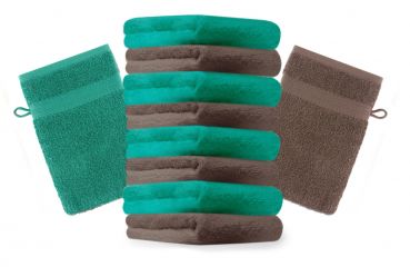 Betz Set di 10 guanti da bagno Premium misure 16 x 21 cm 100% cotone verde smeraldo e marrone noce