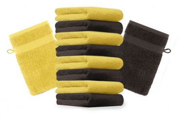 Betz 10 Stück Waschhandschuhe PREMIUM 100% Baumwolle Waschlappen Set 16x21 cm Farbe gelb und dunkelbraun