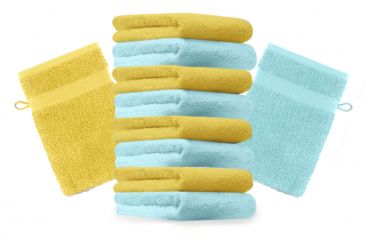 Betz Set di 10 guanti da bagno Premium misure 16 x 21 cm 100% cotone giallo e turchese
