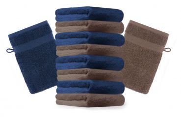 Betz Set di 10 guanti da bagno Premium misure 16 x 21 cm 100% cotone blu scuro e marrone noce