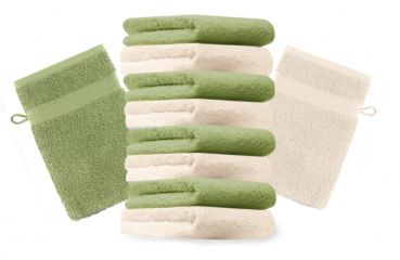 Betz 10 Stück Waschhandschuhe PREMIUM 100% Baumwolle Waschlappen Set 16x21 cm Farbe beige und apfelgrün