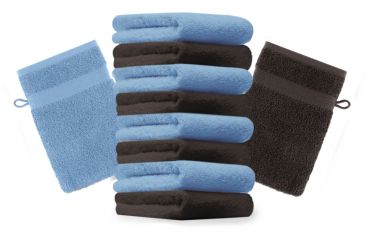 Betz Set di 10 guanti da bagno Premium misure 16 x 21 cm 100% cotone azzurro e marrone scuro