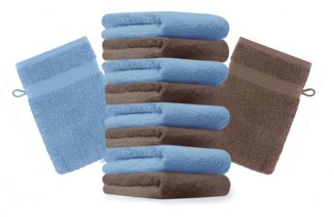 Betz Set di 10 guanti da bagno Premium misure 16 x 21 cm 100% cotone azzurro e marrone noce