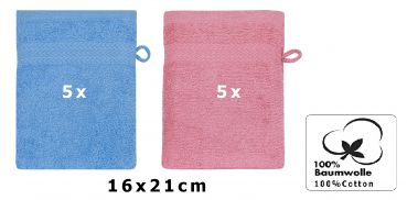 Betz Set di 10 guanti da bagno Premium misure 16 x 21 cm 100% cotone azzurro e rosa antico