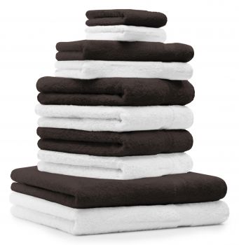Betz 10 Piece Towel Set CLASSIC 100% Cotton 2 Face Cloths 2 Guest Towels 4 Hand Towels 2 Bath Towels Colour: white & dark brown
