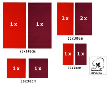 10 uds. Juego de toallas Classic- Premium , color:  rojo y rojo oscuro, 2 toallas cara 30x30, 2 toallas de invitados 30x50, 4 toallas de 50x100, 2 toallas de baño 70x140 cm