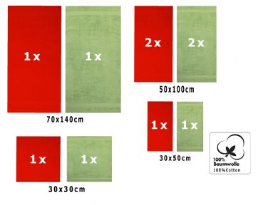 10 uds. Juego de toallas Classic- Premium , color:  rojo y manzana verde , 2 toallas cara 30x30, 2 toallas de invitados 30x50, 4 toallas de 50x100, 2 toallas de baño 70x140 cm