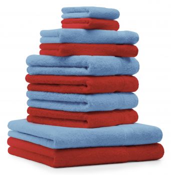 10 uds. Juego de toallas Classic- Premium , color:  rojo y azul claro de , 2 toallas cara 30x30, 2 toallas de invitados 30x50, 4 toallas de 50x100, 2 toallas de baño 70x140 cm