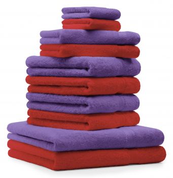 10 uds. Juego de toallas Classic- Premium , color:  rojo y morado de , 2 toallas cara 30x30, 2 toallas de invitados 30x50, 4 toallas de 50x100, 2 toallas de baño 70x140 cm