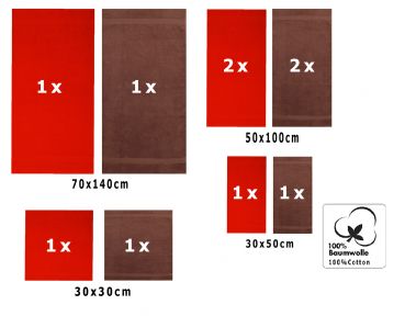 10 uds. Juego de toallas Classic- Premium , color: rojo y azul claro de , 2 toallas  cara 30x30, 2 toallas de invitados 30x50, 4 toallas de 50x100, 2 toallas de  baÃ±o 70x140 cm