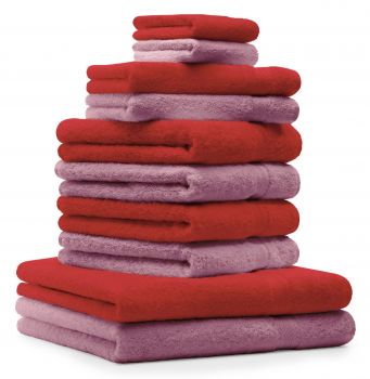 Betz Set di 10 asciugamani Classic 2 lavette 2 asciugamani per ospiti 4 asciugamani 2 asciugamani da doccia 100% cotone colore rosso e rosa antico
