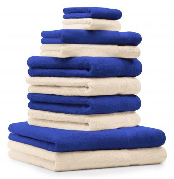 10 uds. Juego de toallas Classic- Premium , color:azul y beige  , 2 toallas de cara 30x30, 2 toallas de invitados 30x50, 4 toallas de 50x100, 2 toallas de baño 70x140 cm