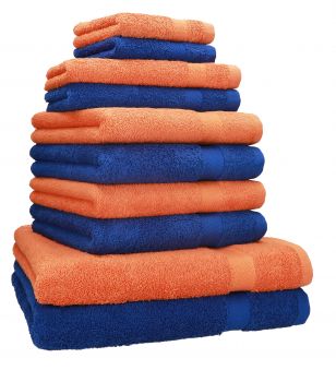 10 uds. Juego de toallas Classic- Premium , color:azul y naranja  , 2 toallas de cara 30x30, 2 toallas de invitados 30x50, 4 toallas de 50x100, 2 toallas de baño 70x140 cm