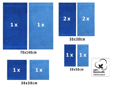 10 uds. Juego de toallas Classic- Premium , color:azul y azul claro  , 2 toallas de cara 30x30, 2 toallas de invitados 30x50, 4 toallas de 50x100, 2 toallas de baño 70x140 cm