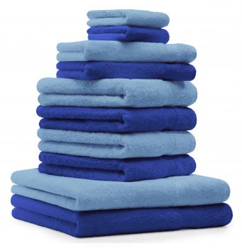 10 uds. Juego de toallas Classic- Premium , color:azul y azul claro  , 2 toallas de cara 30x30, 2 toallas de invitados 30x50, 4 toallas de 50x100, 2 toallas de baño 70x140 cm