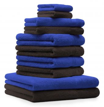 10 Piece Towel Set Classic - Premium royal blue & dark brown, 2 face cloths 30x30 cm, 2 guest towels 30x50 cm, 4 hand towels 50x100 cm, 2 bath towels 70x140 cm