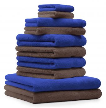 Betz Set di 10 asciugamani Classic-Premium 2 lavette 2 asciugamani per ospiti 4 asciugamani 2 asciugamani da doccia 100 % cotone colore blu reale e marrone noce