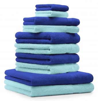10 uds. Juego de toallas Classic- Premium , color:azul y turquesa  , 2 toallas de cara 30x30, 2 toallas de invitados 30x50, 4 toallas de 50x100, 2 toallas de baño 70x140 cm