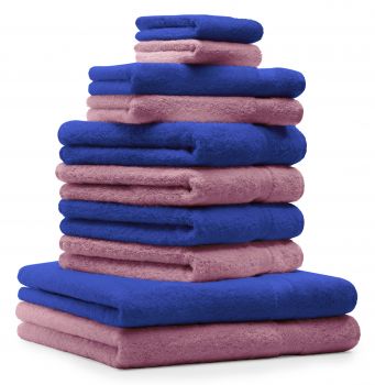 10 Piece Towel Set Classic - Premium royal blue & old rose, 2 face cloths 30x30 cm, 2 guest towels 30x50 cm, 4 hand towels 50x100 cm, 2 bath towels 70x140 cm