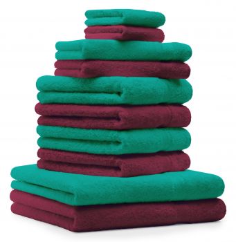 10 uds. Juego de toallas Classic- Premium , color:rojo oscuro y verde esmeralda  , 2 toallas de cara 30x30, 2 toallas de invitados 30x50, 4 toallas de 50x100, 2 toallas de baño 70x140 cm