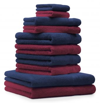 Betz Set di 10 asciugamani Classic-Premium 2 lavette 2 asciugamani per ospiti 4 asciugamani 2 asciugamani da doccia 100 % cotone colore rosso scuro e blu scuro