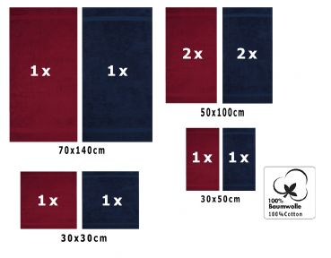 10 uds. Juego de toallas Classic- Premium , color:rojo oscuro y azul marino  , 2 toallas de cara 30x30, 2 toallas de invitados 30x50, 4 toallas de 50x100, 2 toallas de baño 70x140 cm